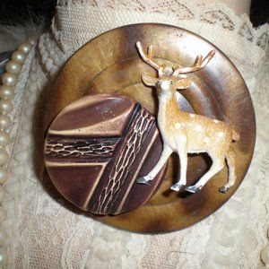 Vintage Huge Celluloid Button Elk Deer BROOCH Art to Wear